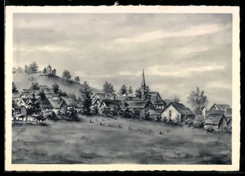 Künstler-AK Ulrichstein /Vogelsberg, Ortsansicht, Kirche, Gasthaus Groh