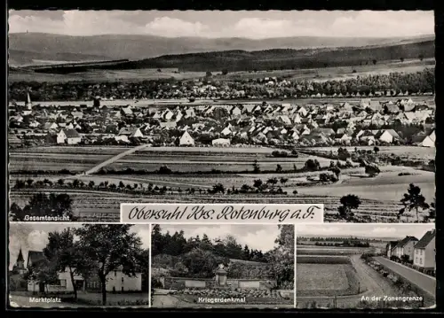 AK Obersuhl /Rotenburg, Gesamtansicht des Ortes, Marktplatz, Kriegerdenkmal, deutsch-deutsche Zonengrenze