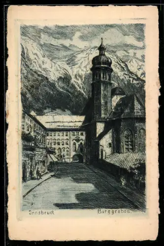 Künstler-AK Innsbruck, Burggraben mit Kirche