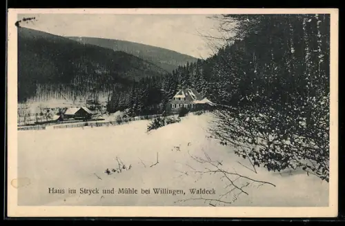 AK Willingen /Waldeck, Hotel Haus im Stryck und Mühle im Schnee