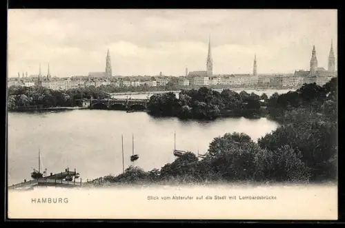 AK Hamburg, Blick vom Alsterufer auf den Ort mit Lombardsbrücke