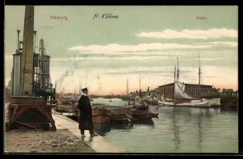 AK Harburg, Hafen, Schiffe, Kran, Kai