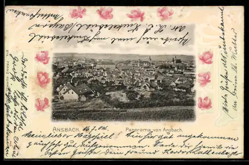 Präge-AK Ansbach, Panorama von Ansbach, Ornamente, Rosen