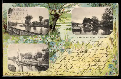 Lithographie Eppendorf, Partien an der Alster, Blumenwiese, Passepartout