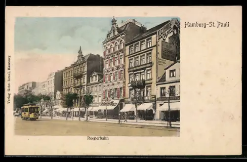 AK Hamburg-St. Pauli, Reeperbahn mit Geschäften und Strassenbahn