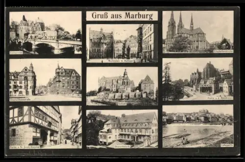 AK Marburg a. L., Deutschhausstrasse, Deutschklinik, Marktplatz mit Rathaus