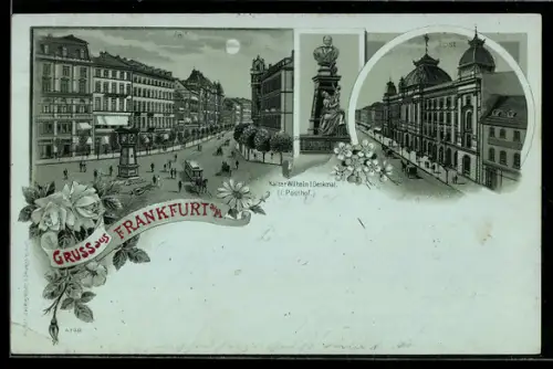 Mondschein-Lithographie Frankfurt a. M., Strassenpartie mit Strassenbahn, Kaiser Wilhelm I.-Denkmal im Posthof