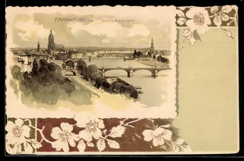Lithographie Frankfurt a. Main, Totalansicht mit Main-Partie