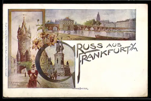 Lithographie Frankfurt a. M., Eschenheimer Tor, Alte Brücke, Gutenberg-Denkmal