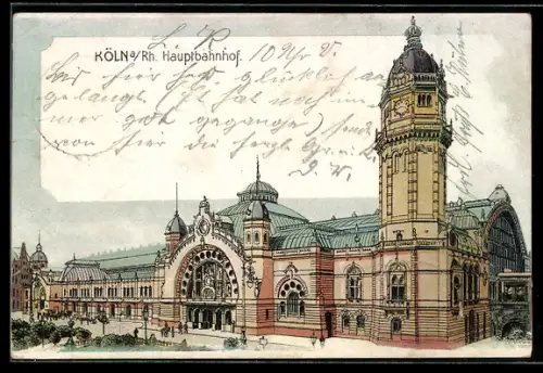 Lithographie Köln a. Rh., Hauptbahnhof mit Strassenpartie