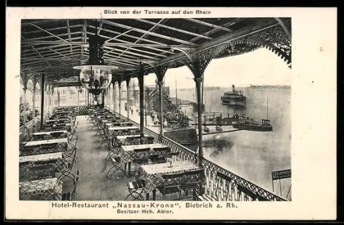 AK Biebrich a. Rh., Hotel-Restaurant-Krone, Blick von der Terrasse auf den Rhein