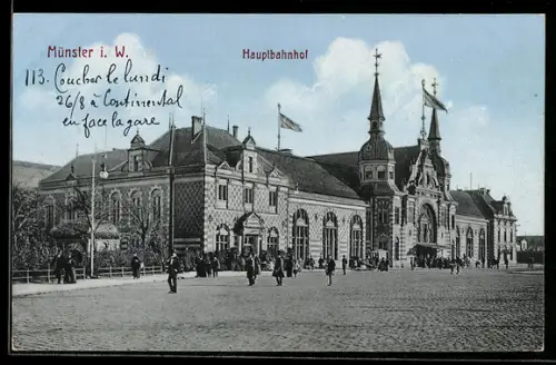 AK Münster, Hauptbahnhof mit Leuten