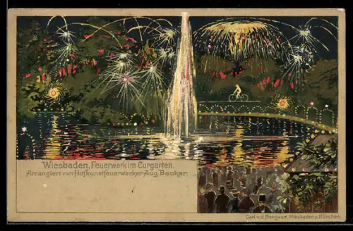 Künstler-AK Wiesbaden, Feuerwerk im Kurgarten