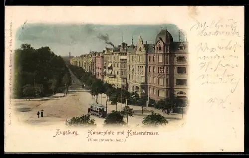 AK Augsburg, Kaiserplatz und Kaiserstrasse mit Strassenbahn