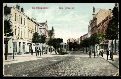 AK Geestemünde, Georgstrasse mit Geschäften und Strassenbahn