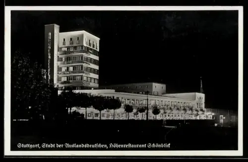 AK Stuttgart, Höhenrestaurant Schönblick bei Nacht, Bauhaus