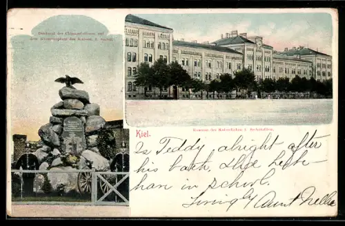 AK Kiel, Kaserne des Kaiserlichen I. Seebataillon, Denkmal der Chinagefallenen auf dem Kasernenplatz