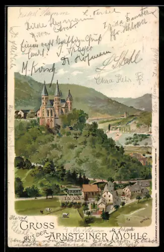 Lithographie Obernhof, Arnsteiner Mühle, Dom im Hintergrund