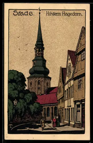 Steindruck-AK Stade, Strassenpartie Hinterm Hagedorn, Blick zur Kirche