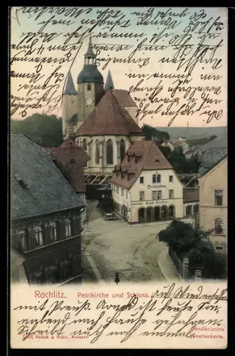 AK Rochlitz, Petrikirche und Schloss mit Weinhandlung von Emil Fischer