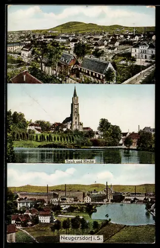 AK Neugersdorf, Teich und Kirche, Panorama