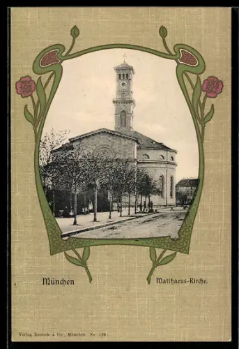 AK München, Matthäus-Kirche umrahmt von Blumen