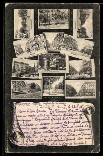 Mikroskop-AK Hamburg-St. Georg, Danzigerstrasse, Langereihe, Steindamm, Gewerbeschule vor dem Steintor