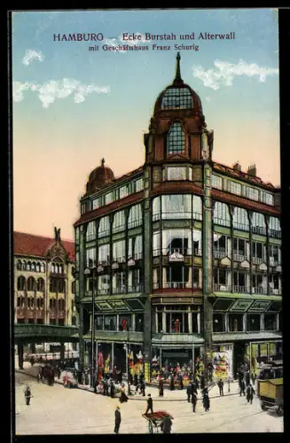 AK Hamburg, Ecke Burstah und Alterwall, Geschäftshaus Franz Schurig