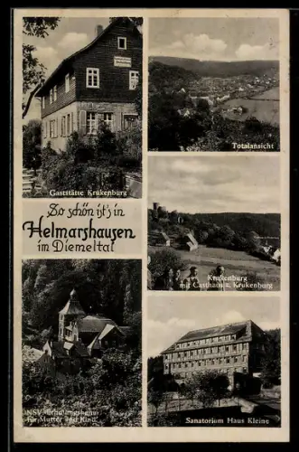 AK Helmarshausen, Totalansicht, Sanatorium Haus Kleine, Gaststätte Krukenburg, Propaganda 1. Weltkrieg