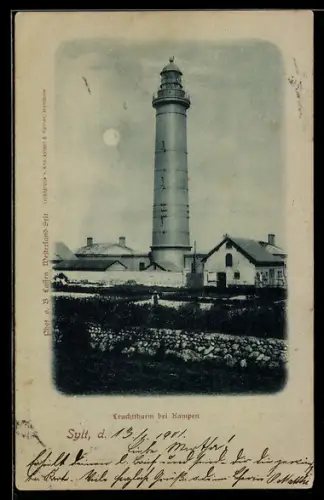 Mondschein-AK Kampen, Ansicht vom Leuchtturm