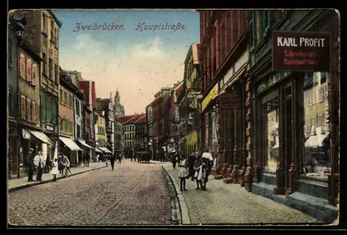 AK Zweibrücken, Strassenleben auf der Hauptstrasse mit Kaffeegeschäft, Goldschmied und Buchhandlung
