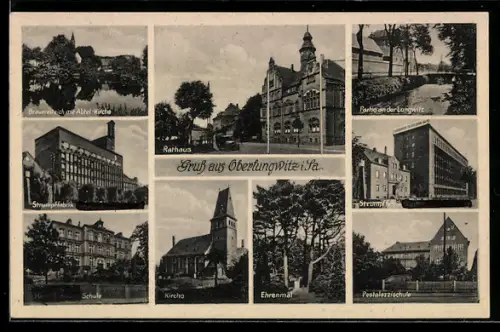 AK Oberlungwitz /Sa., Strumpffabrik Robert Götze AG, Hans Schemm Schule, Ehrenmal