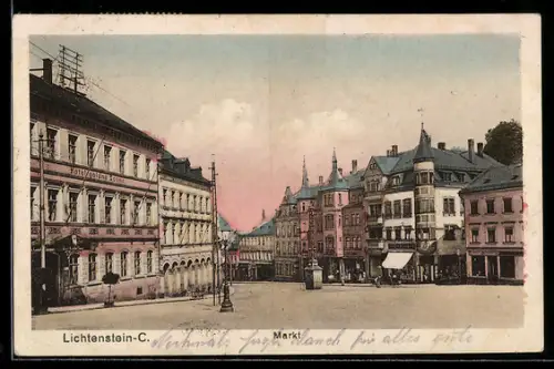AK Lichtenstein /Callnberg, Strassenpartie am Markt mit Geschäften