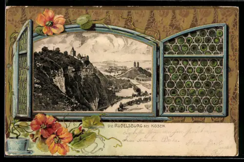 Passepartout-Lithographie Kösen, Die Rudelsberg durch Fenster, Passepartout
