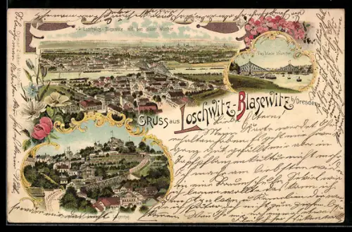 Lithographie Dresden-Loschwitz, Teilansicht mit blauem Wunder, Drahtseilbahn und Luisenhof
