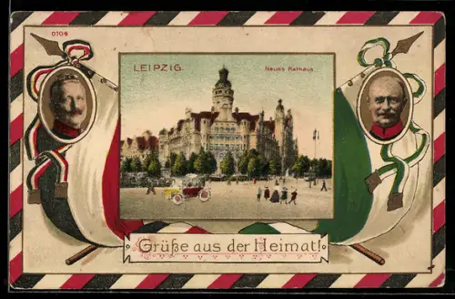 Grusskarten-AK Leipzig, Neues Rathaus, Porträt Kaiser Wilhelm II