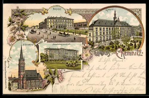 Lithographie Chemnitz, Bahnhof, Rathaus, St. Nicolaikirche, Staatslehranstalt