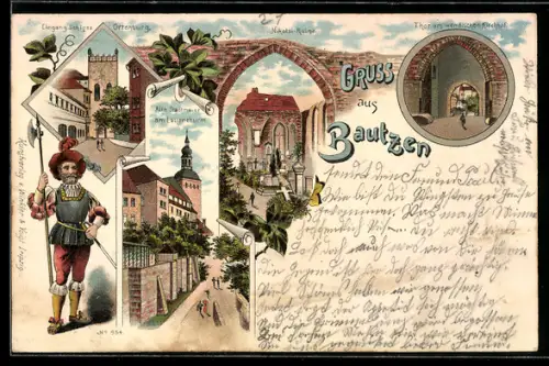 Lithographie Bautzen, Eingang Schloss Ortenburg, Alte Stadtmauer am Lauenturm, Nikolai-Ruine