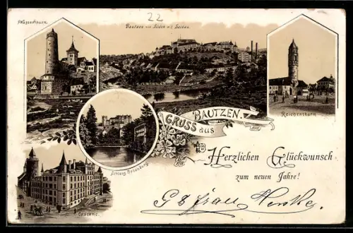 Lithographie Bautzen, Kaserne, Ortsansicht, Wasserturm, Reichenturm
