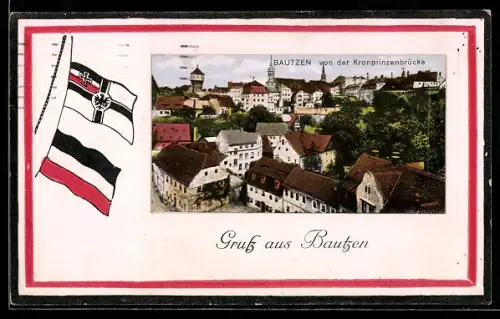 AK Bautzen, Teilansicht von der Kronprinzenbrücke aus Fahnen, Passepartout