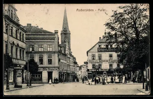 AK Aschersleben, Strassenpartie am Markt mit Litfasssäule