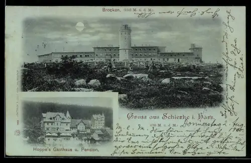Mondschein-AK Schierke i. Harz, Gasthaus und Pension Hoppe, Brockenhotel