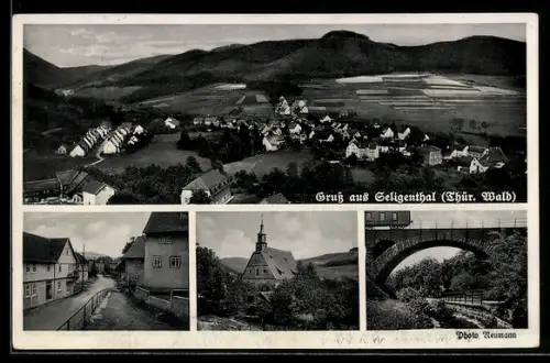 AK Seligenthal /Thür. Wald, Rathaus, Eisenbahnbrücke, Strassenpartie