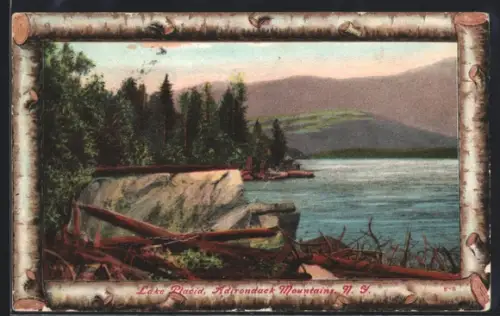 AK Lake Placid, NY, Shore with Adirondack Mountains