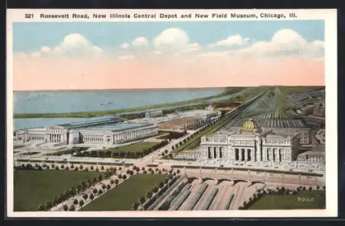 AK Chicago, IL, Roosevelt Road, New Illinois Central Depot and New Field Museum