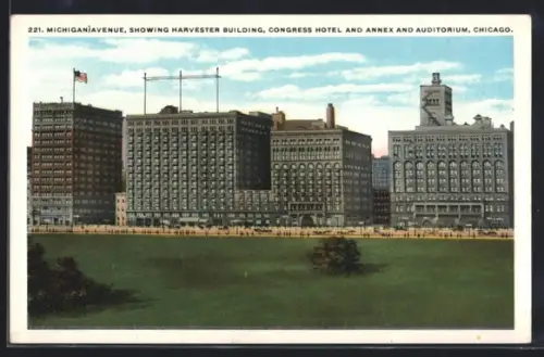 AK Chicago, IL, Michigan Avenue, showing Harvester Building, Congress Hotel and Annex and Auditorium