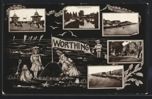 AK Worthing, Kinder beim Sandburgenbauen und mehrere Küstenansichten