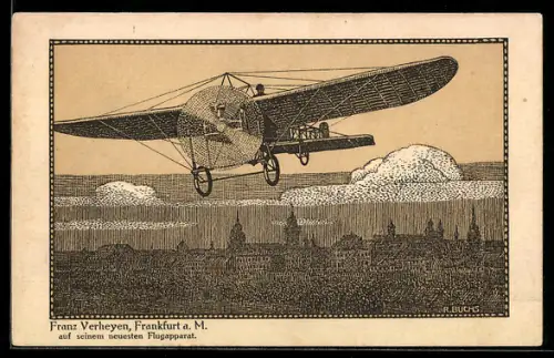 Künstler-AK Frankfurt a. M., Franz Verheyen auf seinem neuesten Flugapparat
