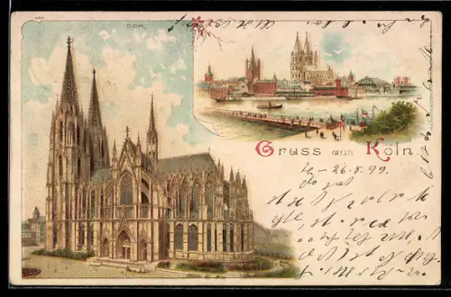 Lithographie Köln, Der Kölner Dom und Blick über den Rhein