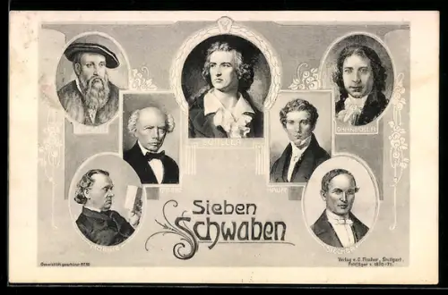 AK Porträts 7 berühmter Schwaben u .a. Ludwig Uhland, Friedrich Schiller u. Eduard Mörike
